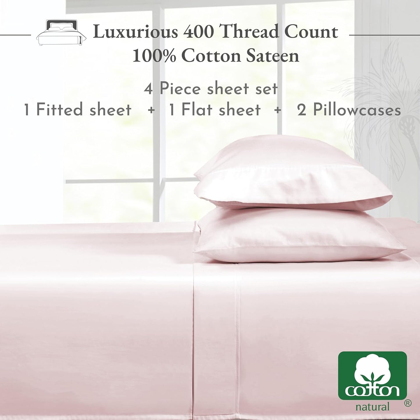 Softest 100% Cotton Sheets, Full Size Sheet Sets, 400 Thread Count Sateen Bedding, Deep Pocket Sheets, Cooling Sheets, Full Size Sheets, Breathable Bed Set (Pink)