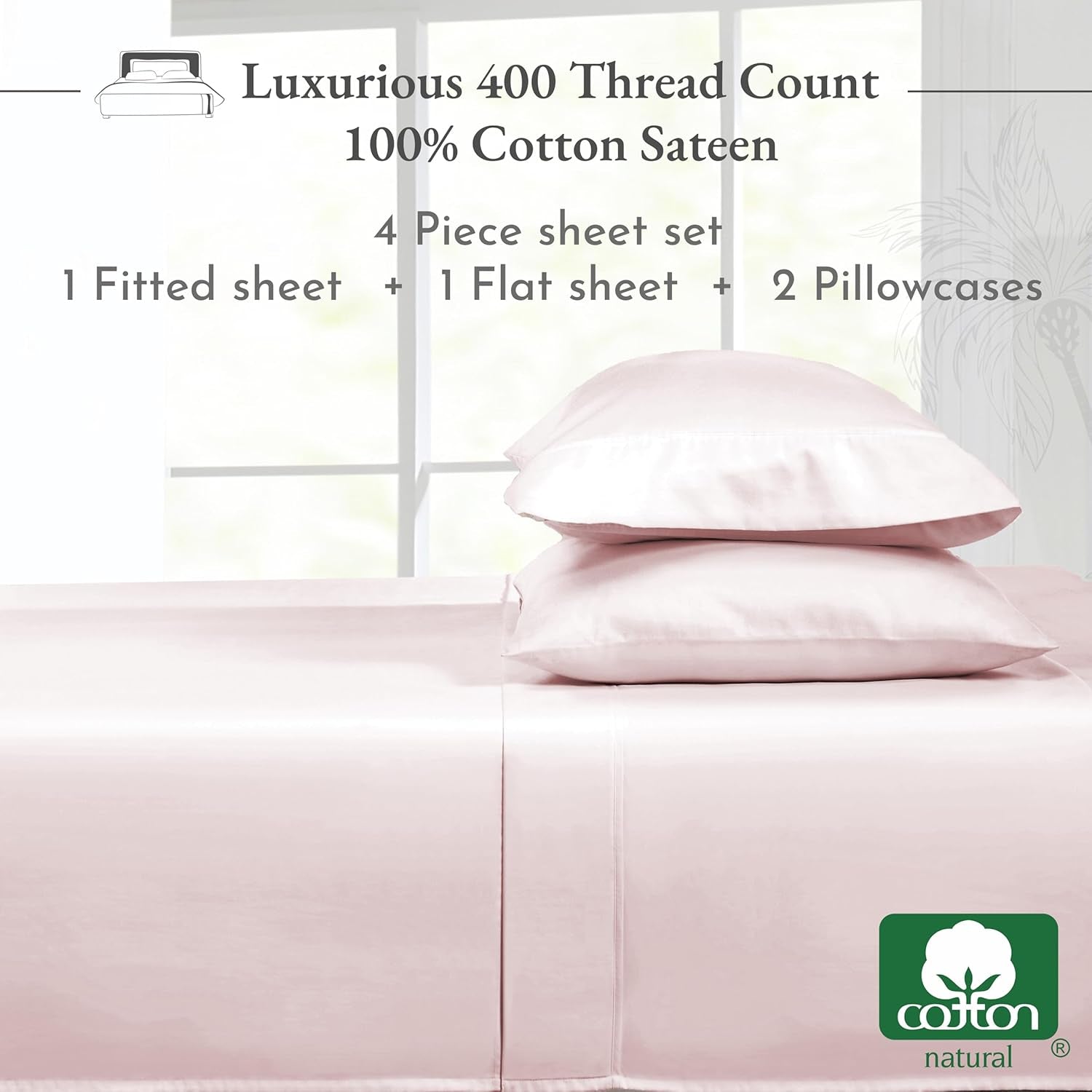 Softest 100% Cotton Sheets, Full Size Sheet Sets, 400 Thread Count Sateen Bedding, Deep Pocket Sheets, Cooling Sheets, Full Size Sheets, Breathable Bed Set (Pink)