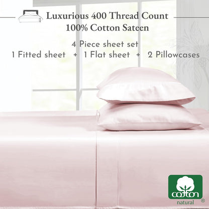 Softest 100% Cotton Sheets, Full Size Sheet Sets, 400 Thread Count Sateen Bedding, Deep Pocket Sheets, Cooling Sheets, Full Size Sheets, Breathable Bed Set (Pink)