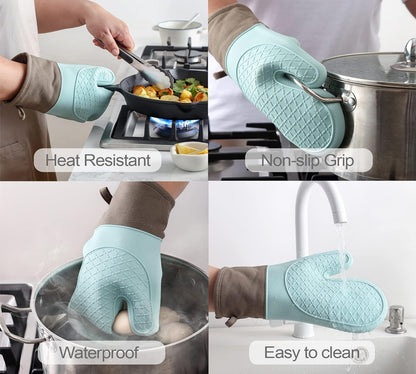 Oven Mitts and Pot Holders Sets, Silicone Heat Resistant 600F, Soft Lining Good Grip, Oven Gloves and Trivet Mats 4 Piece Set, Aqua Sky