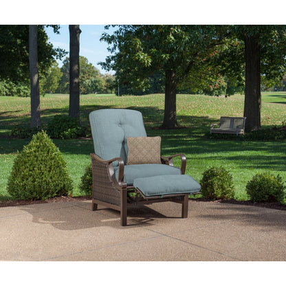 Ventura Steel Outdoor Patio Woven Luxury Recliner with Brown Wicker, Ocean Blue Cushions and Pillow, VENTURAREC-BLU