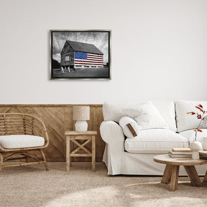 Black and White Farmhouse Barn American Flag Luster Gray Framed Floating Canvas Wall Art, 24X30, by James Mcloughlin