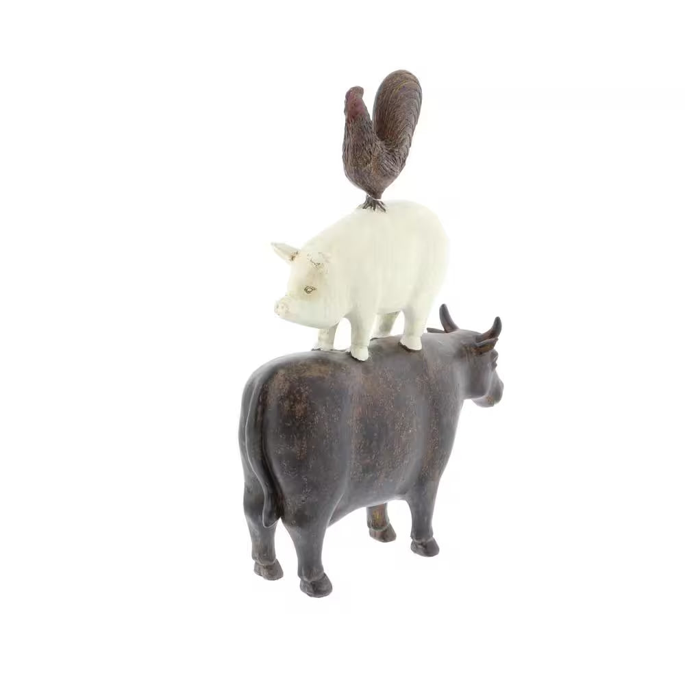 3 In. X 14 In. Brown Polystone Stacked Farm Animals Sculpture