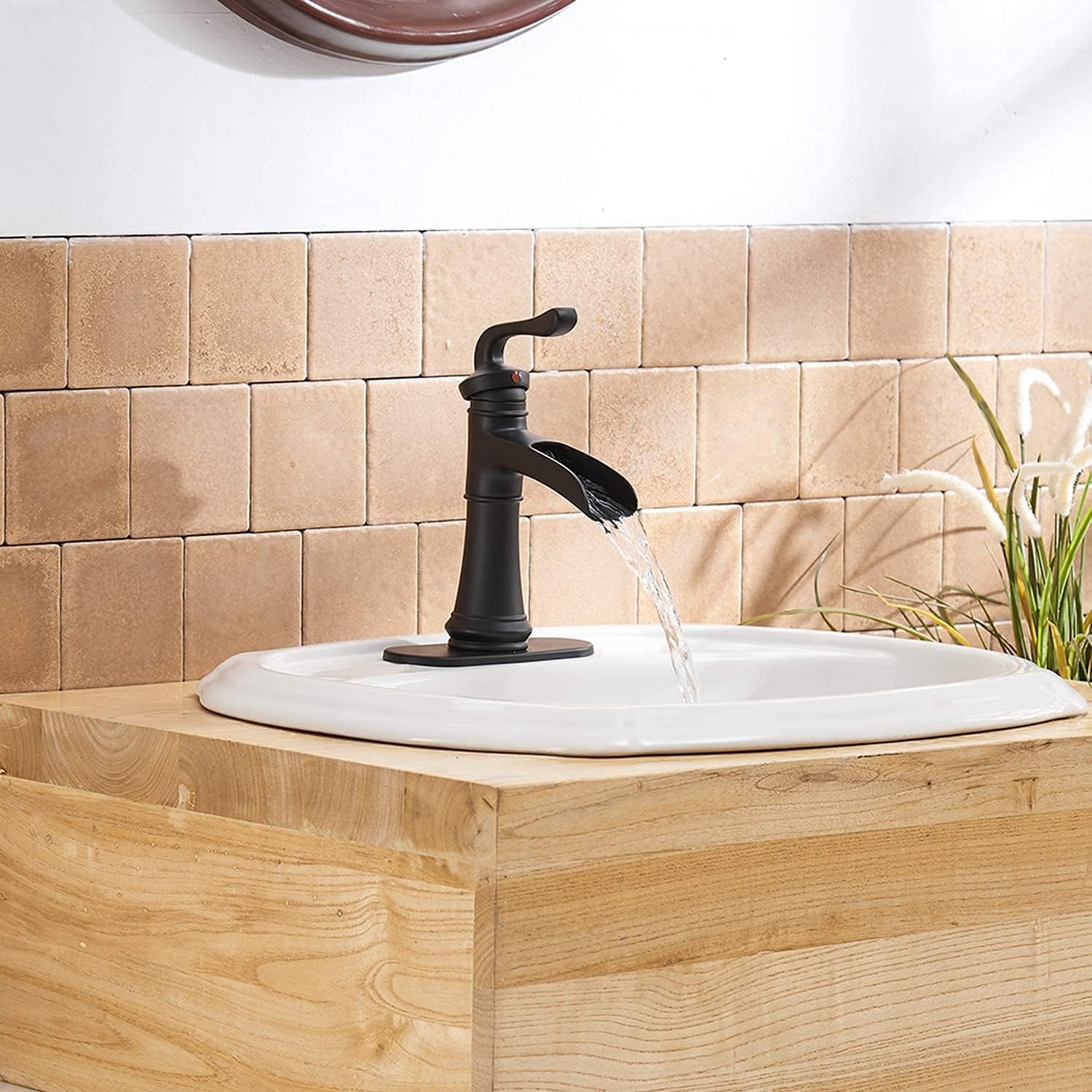 Matte Black Bathroom Faucet Waterfall Sink Faucets & Parts with Drain Stopper, Solid Brass Construction, Easy Installation, Lead-Free
