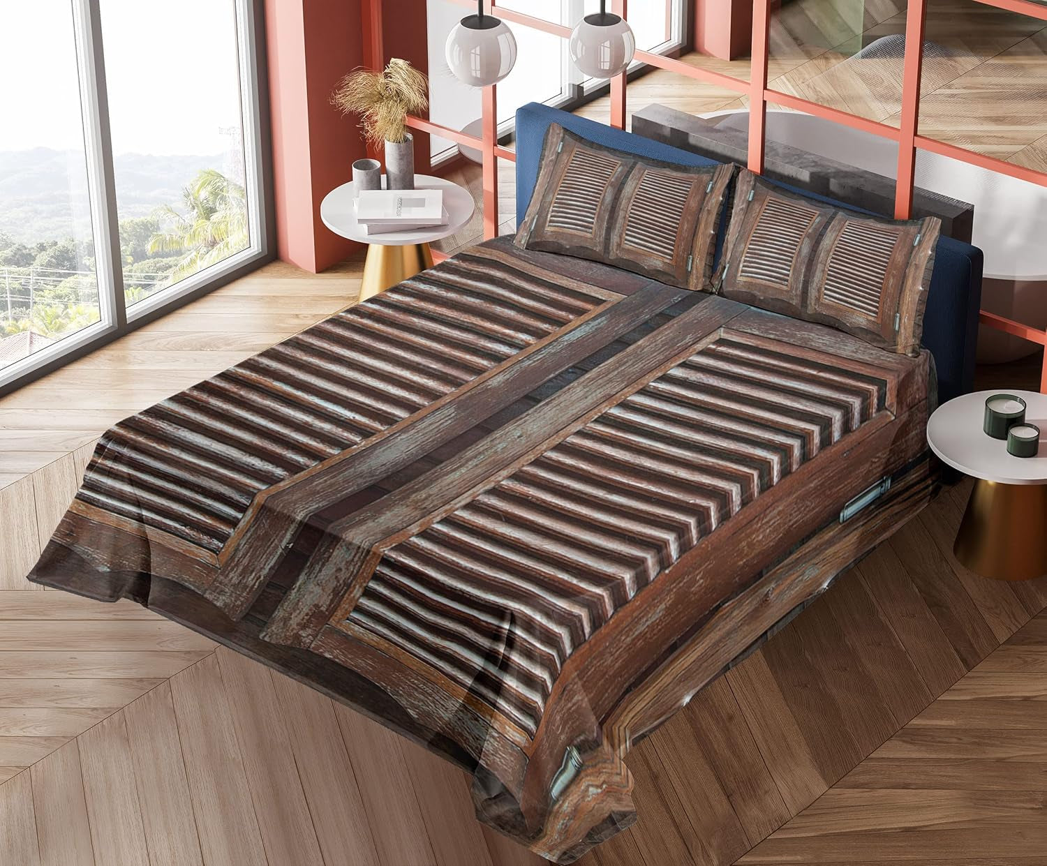 Western Sheet Set, Antique Themed Traditional Rustic Wild West Swinging Wooden Cowboy Bar Saloon Door, Fitted and Flat Sheet with Pillowcases Bedding Accent 4 Piece Set, Queen, Dark Brown