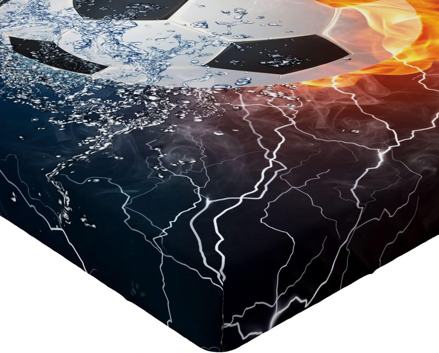 Sports Fitted Sheet, Soccer Ball and Water Splashing Thunder Strike Abstract Concept Art Design, Bed Cover with All-Round Elastic Deep Pocket for Comfort, Twin Size, Navy Grey