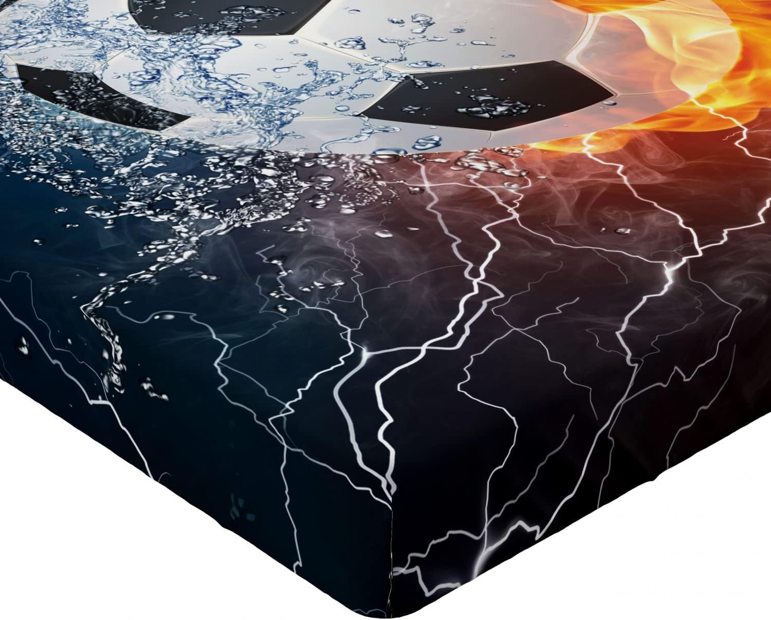 Sports Fitted Sheet, Soccer Ball and Water Splashing Thunder Strike Abstract Concept Art Design, Bed Cover with All-Round Elastic Deep Pocket for Comfort, Twin Size, Navy Grey