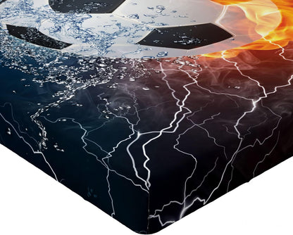 Sports Fitted Sheet, Soccer Ball and Water Splashing Thunder Strike Abstract Concept Art Design, Bed Cover with All-Round Elastic Deep Pocket for Comfort, Twin Size, Navy Grey