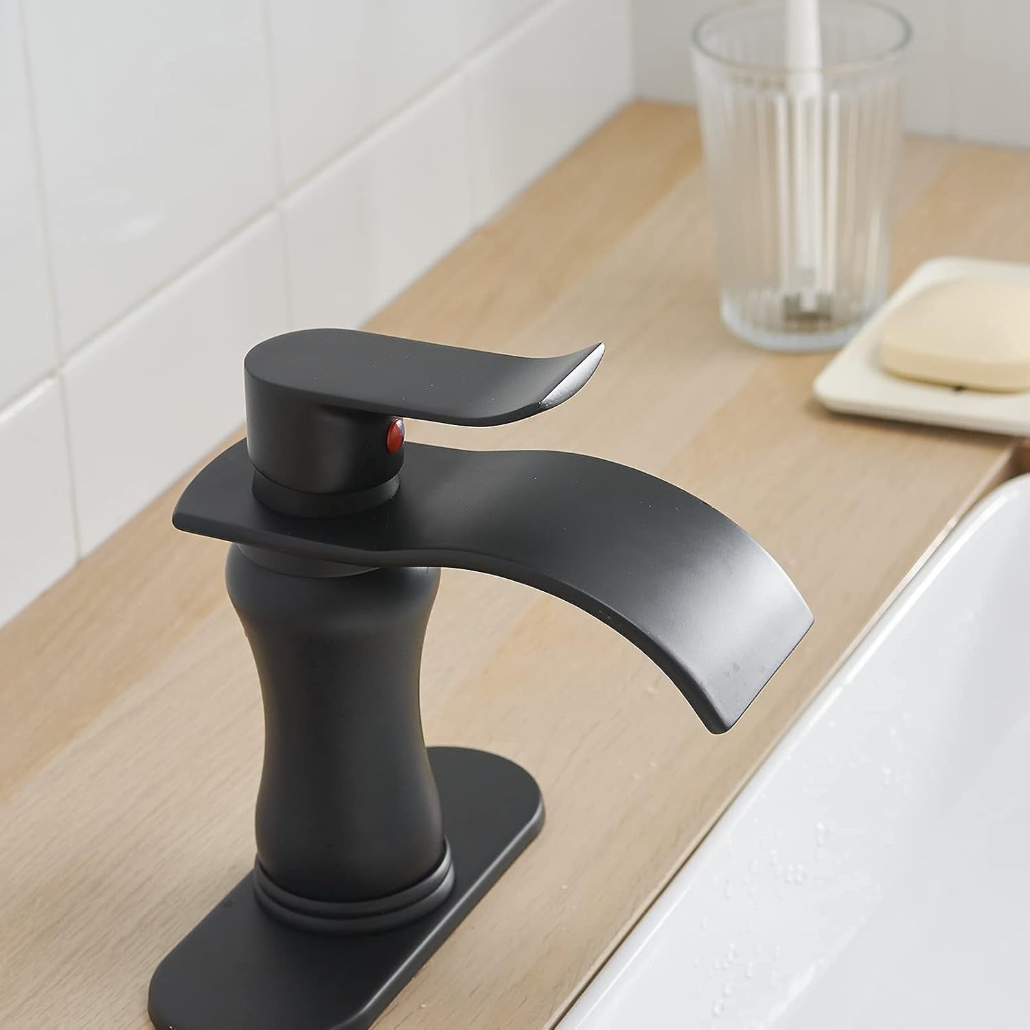 Black Bathroom Faucet Waterfall Sink Bath Faucets Parts Flat Spout Pop up Drain Stopper Matte Black Farmhouse Vanity Commercial Single Handle Single Hole Lavatory Supply Hose Lead-Free by
