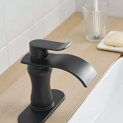 Black Bathroom Faucet Waterfall Sink Bath Faucets Parts Flat Spout Pop up Drain Stopper Matte Black Farmhouse Vanity Commercial Single Handle Single Hole Lavatory Supply Hose Lead-Free by