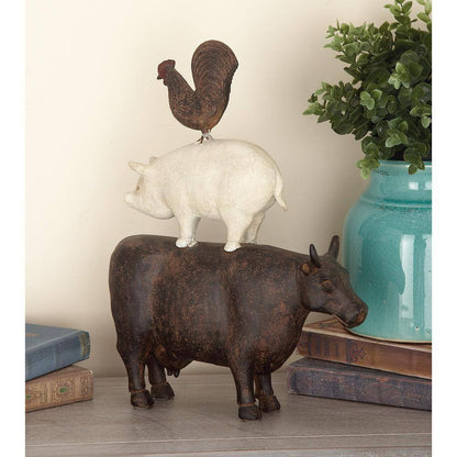 3 In. X 14 In. Brown Polystone Stacked Farm Animals Sculpture
