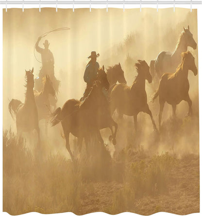 Western Shower Curtain, Galloping Running Horses in Desert 2 Cowboys Roping Dusty Wild Rural Countryside, Cloth Fabric Bathroom Decor Set with Hooks, 69" W X 75" L, Pale Brown