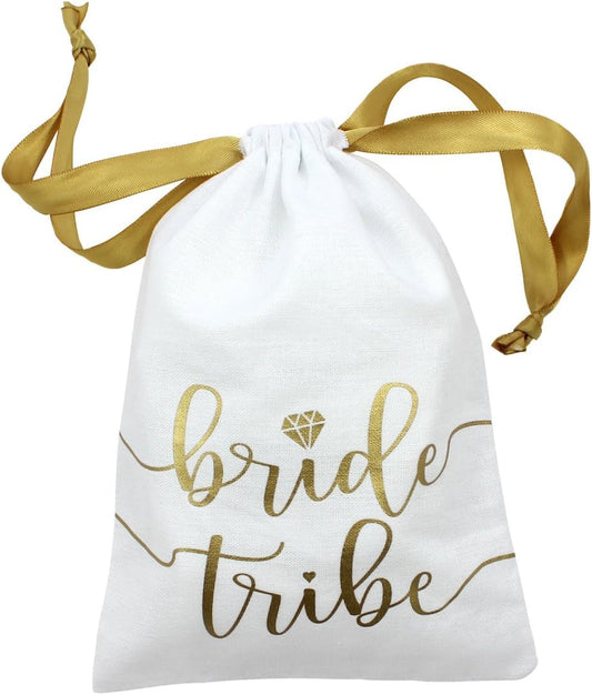 10Pc Bride Tribe Drawstring Bags W/Satin Ribbon, 7X5” - Cotton Pouch for Bridesmaids, Bachelorette, Bridal Party, Bridal Shower, Wedding Favor, Survival Kit, Hangover Kit (10Pc Pack, White & Gold)