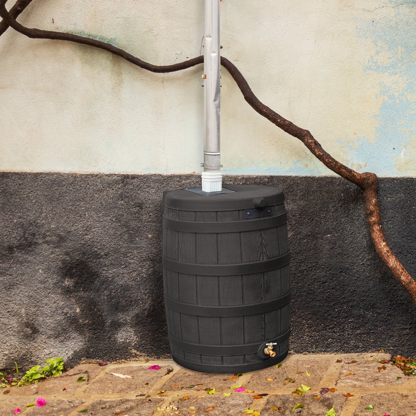 Rain Wizard 50 Gallon Plastic Rain Barrel Water Collector, Black