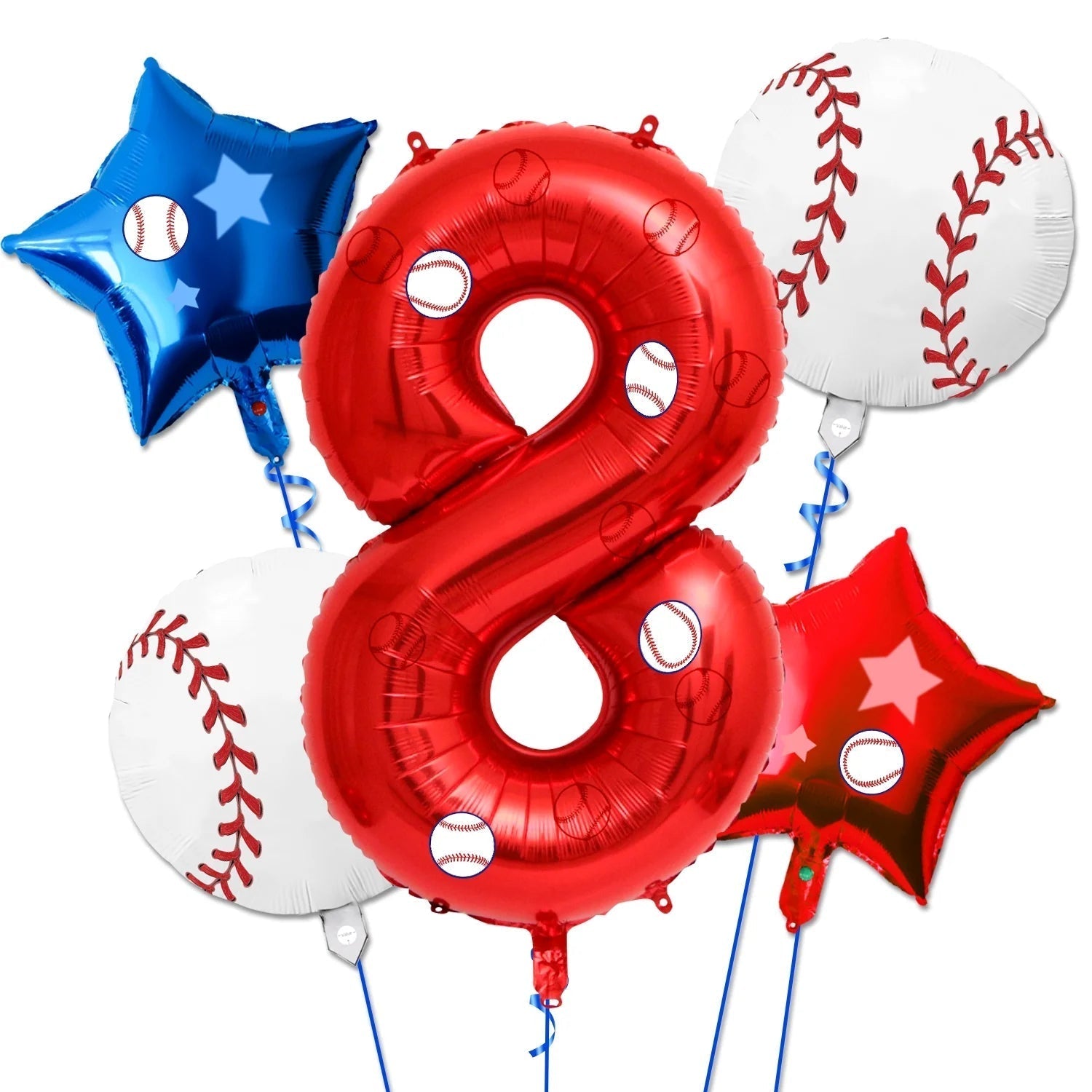 5 Pcs Baseball Balloons Set - Includes Baseball Foil Balloons, Number4 Balloon, Blue Red Star Balloons, Baseball Stickers for Baseball Party Supplies