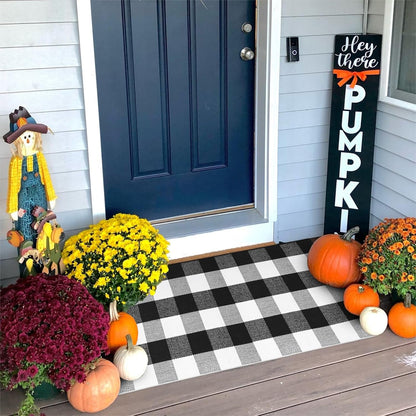 Buffalo Plaid Outdoor Rug Runner Doormat 24'' X 51", Black/White Cotton Woven Checkered Farmhouse Porch Outdoor Rugs, Washable Indoor Door Mat for Front Layered Kitchen Bathroom Laundry Room