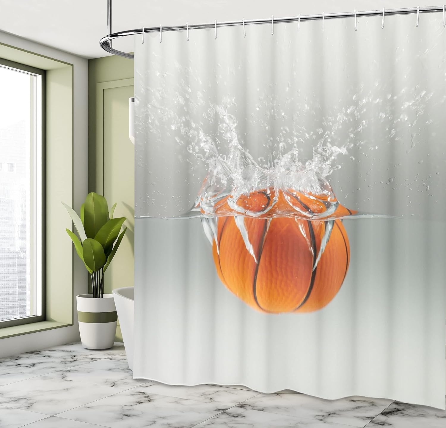 Sports Shower Curtain, Falling Basketball into Water Leisure National Sport Activity Entertaining, Cloth Fabric Bathroom Decor Set with Hooks, 69" W X 75" L, Orange Beige