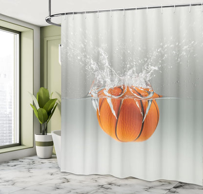 Sports Shower Curtain, Falling Basketball into Water Leisure National Sport Activity Entertaining, Cloth Fabric Bathroom Decor Set with Hooks, 69" W X 75" L, Orange Beige