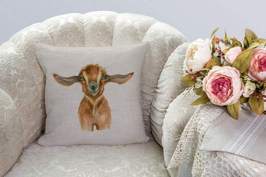 Happy Goat Farmhouse Pillows - Farmhouse Pillow Cover - Farm Animal Linen Pillow Cover - Farmhouse Pillow Covers - Rustic Decor Pillow