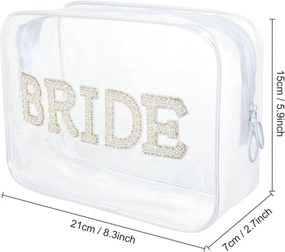 Bride Clear Makeup Bag, PVC Cosmetic Bag Pearl Rhinestone Patch Bride Toiletry Bag Makeup Pouch with Zipper Bridal Shower Gift