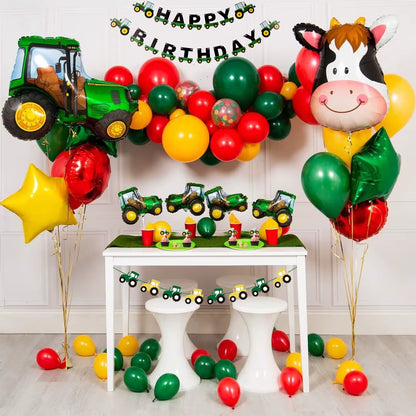 1Set Farm Theme Green Tractor Inflatable Balloons Happy Birthday Party Decoration Kids Birthday Excavator Vehicle Banner