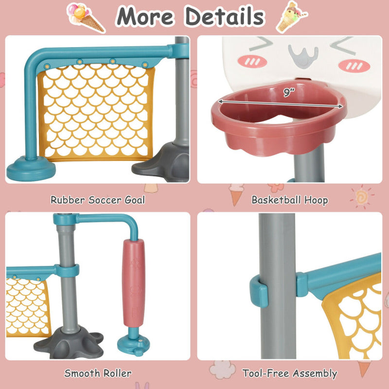 3-In-1 Height Adjustable Basketball Stand Set with Soccer and Roller