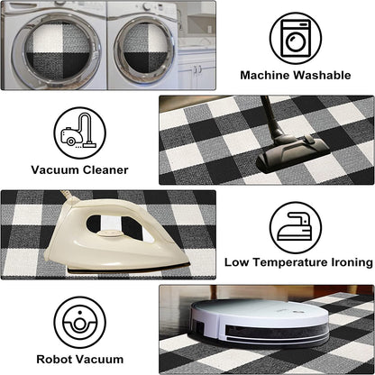 Buffalo Plaid Outdoor Rug Runner Doormat 24'' X 51", Black/White Cotton Woven Checkered Farmhouse Porch Outdoor Rugs, Washable Indoor Door Mat for Front Layered Kitchen Bathroom Laundry Room