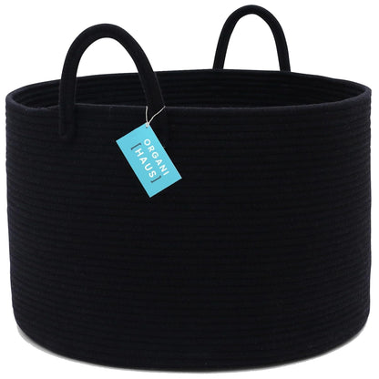Black Basket for Storage 20X13, Big Basket for Blankets for Living Room, round Laundry Basket & Blanket Holder for Bedroom, Boho Blanket Basket, Pillow Basket & Toy Basket