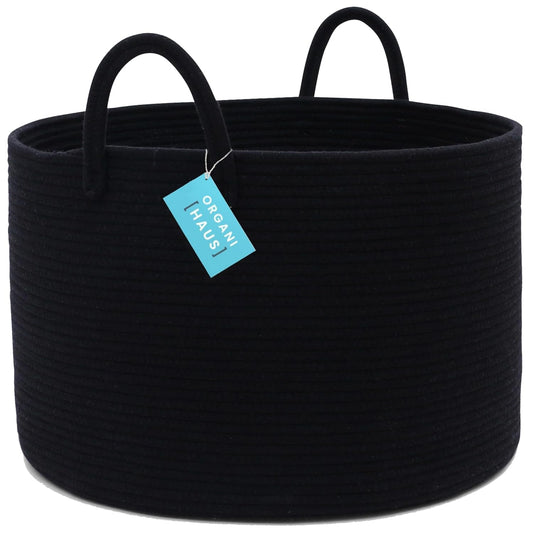 Black Basket for Storage 20X13, Big Basket for Blankets for Living Room, round Laundry Basket & Blanket Holder for Bedroom, Boho Blanket Basket, Pillow Basket & Toy Basket