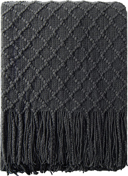 Acrylic Knitted Throw Blanket, Lightweight and Soft Cozy Decorative Woven Blanket with Tassels for Travel, Couch, Bed, Sofa, 51X67 Inches, Taupe Checkered