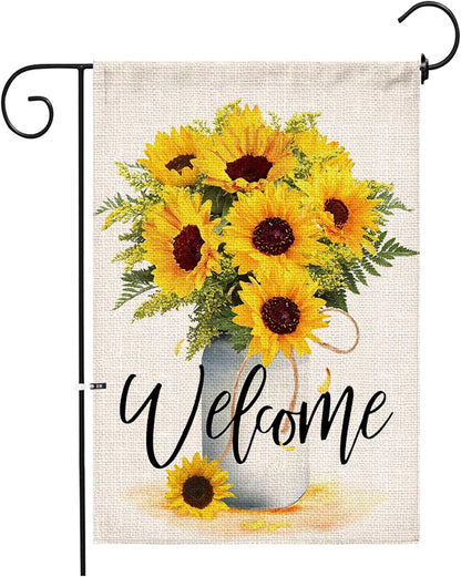 Sunflower Arrangement Vase Welcome Garden Flag Double Sided,Burlap Summer Fall Farmhouse Outdoor Welcome Garden Decor,Small Garden Flag 12X18 Prime
