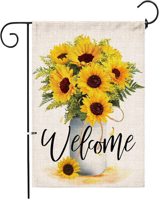 Sunflower Arrangement Vase Welcome Garden Flag Double Sided,Burlap Summer Fall Farmhouse Outdoor Welcome Garden Decor,Small Garden Flag 12X18 Prime