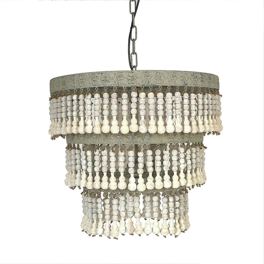 3-Tier round Metal Chandelier with Hanging Wood Beads