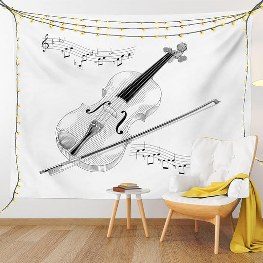 Violin Tapestry, Symphony Classical High Art Music Instrument Performing Cello Orchestra Print, Fabric Wall Hanging Decor for Bedroom Living Room Dorm, 45" X 30", Black and White
