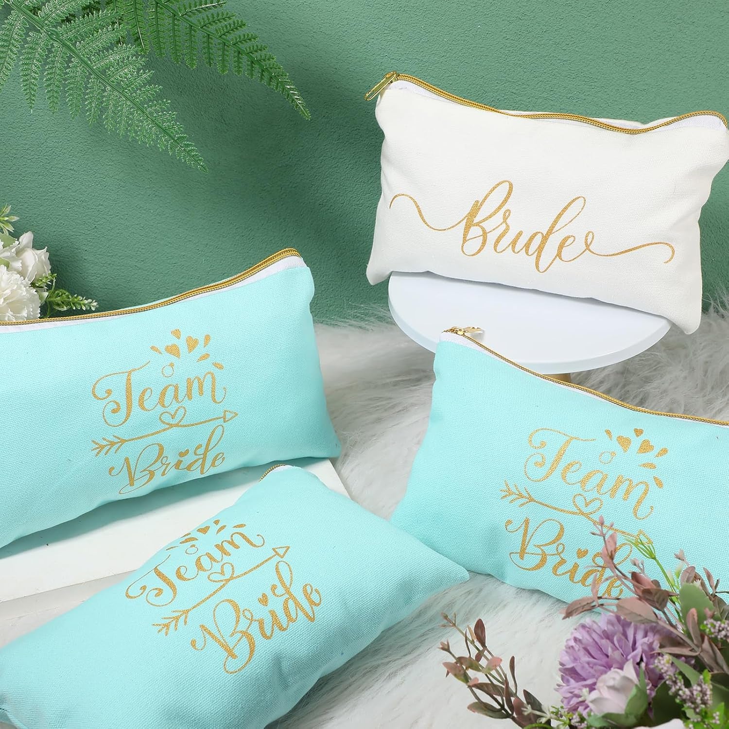27 Pcs Bridesmaid Proposal Gift Bride Cosmetic Makeup Bags Bridal Hair Scrunchies Ties Heart Shape Sunglasses for Wedding Bachelorette Party Favor(Green, White)