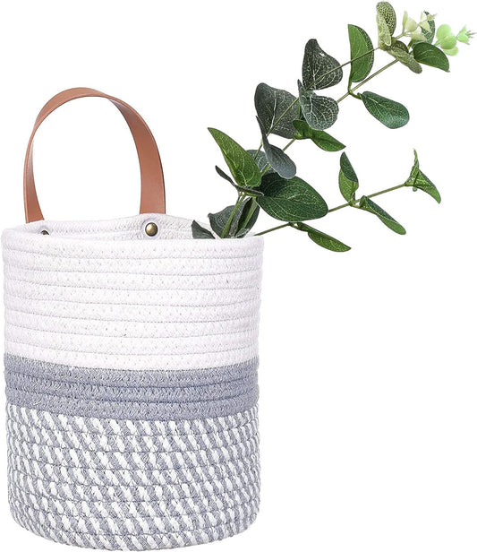 Wall Hanging Basket, Small Woven Hanging Baskets for Organizing, Decorative Wall Basket for Plants and Flowers,Hanging Storage Organizer for Wall Decor,Plant Holder 6.3" X 7" (White & Grey)