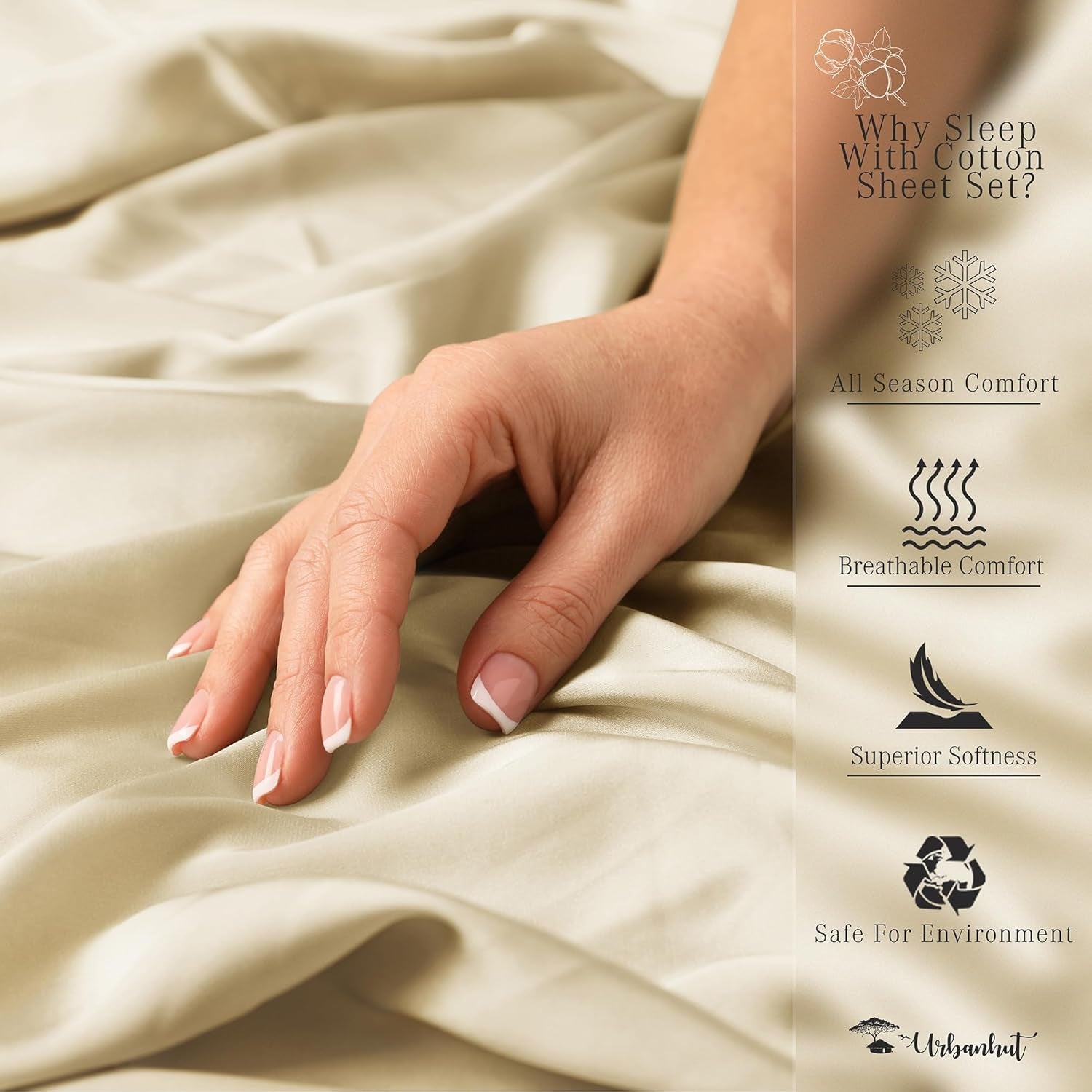 Twin Size Sheets 100% Pure Cotton, 1000 Thread Count 3 Pc Bed Sheet Sets, Soft & Breathable, Luxury Hotel Sheets Fits 16" Elasticized Deep Pocket, Sateen Weave, Solid, Sand