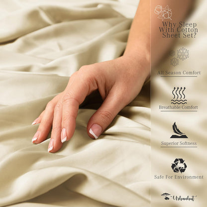 Twin Size Sheets 100% Pure Cotton, 1000 Thread Count 3 Pc Bed Sheet Sets, Soft & Breathable, Luxury Hotel Sheets Fits 16" Elasticized Deep Pocket, Sateen Weave, Solid, Sand