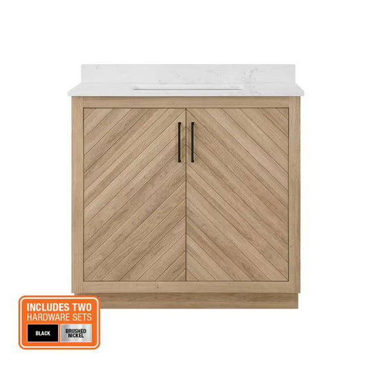 Huckleberry 36 In. Single Sink Weathered Tan Bath Vanity with White Engineered Marble Top (Assembled)