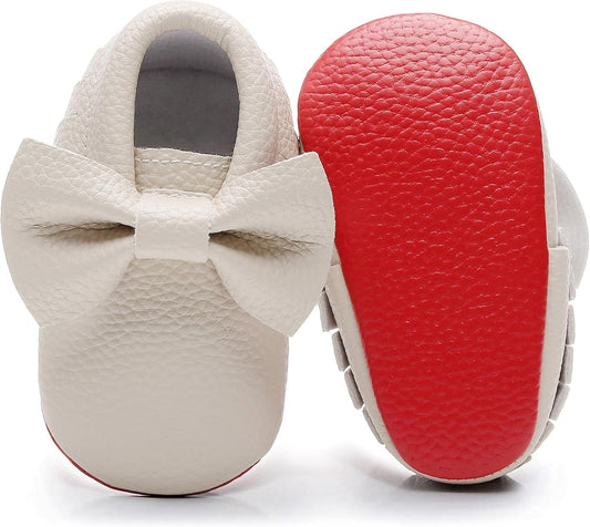 Double Bow Fringe Baby Moccasins - Soft Sole Baby Shoes Girls Toddler Crib Flats
