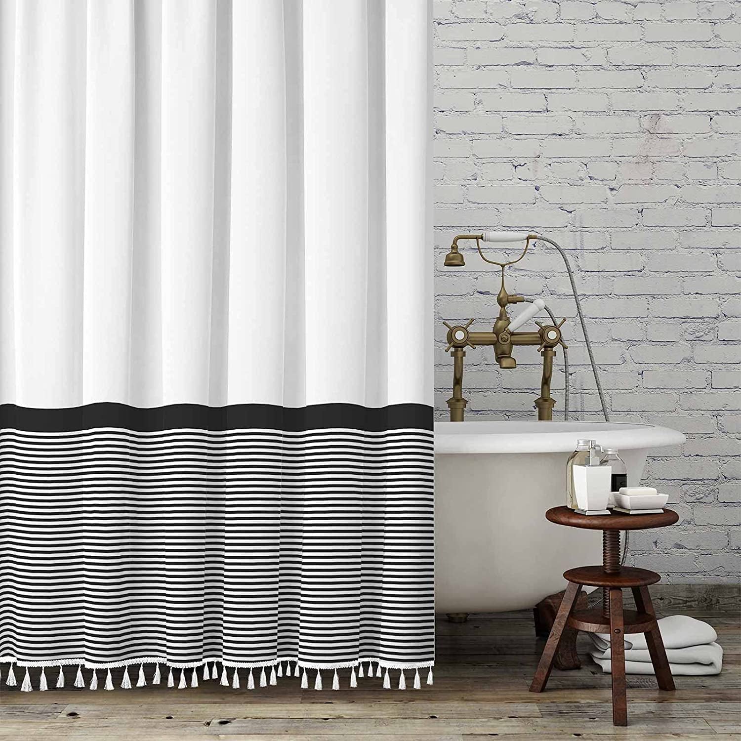 Farmhouse Shower Curtain Tassel，96 Inch Extra Long Black White Striped Bathroom Shower Curtain，72 X 96