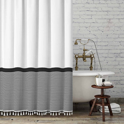 Farmhouse Shower Curtain Tassel，96 Inch Extra Long Black White Striped Bathroom Shower Curtain，72 X 96