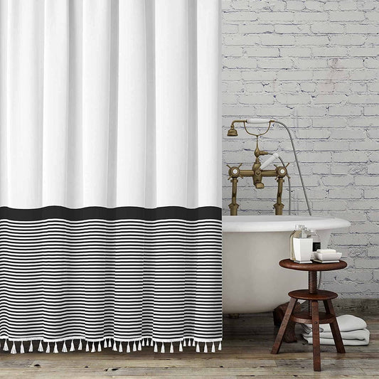 Farmhouse Shower Curtain Tassel，96 Inch Extra Long Black White Striped Bathroom Shower Curtain，72 X 96