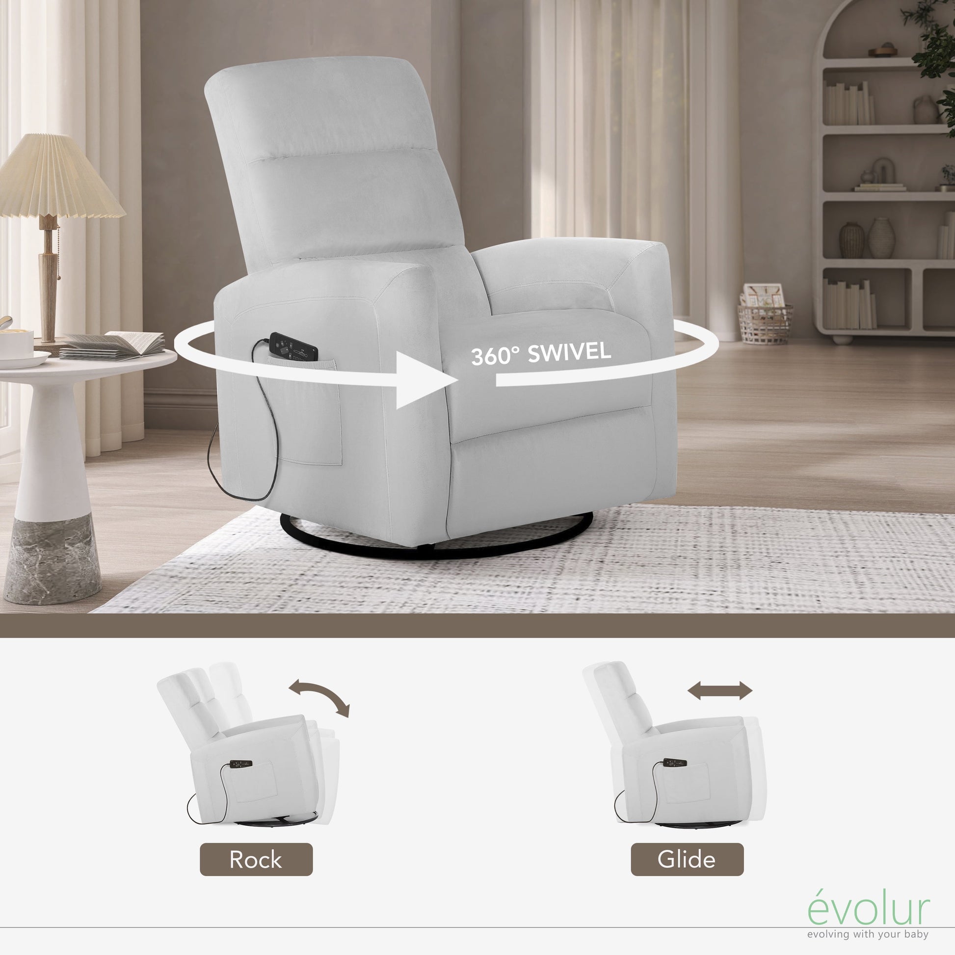 Reevo Upholstered Faux Leather Seating Glider Swivel, Rocker, Massager, Glider Chair for Modern Nursery, Misty Grey, Tool-Free Assembly, Easy to Clean, Environmentally Conscious Rocker