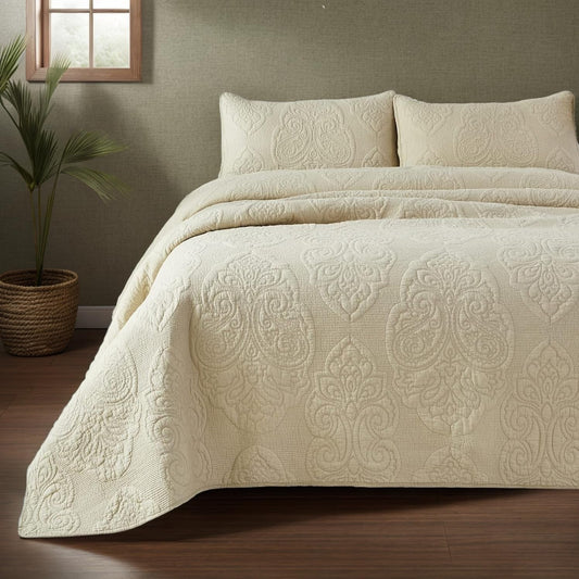 Queen Size Quilt Set Cotton Beige Quilted Comforter Set Luxury Paisley Matelasse Coverlet Set 3-Piece