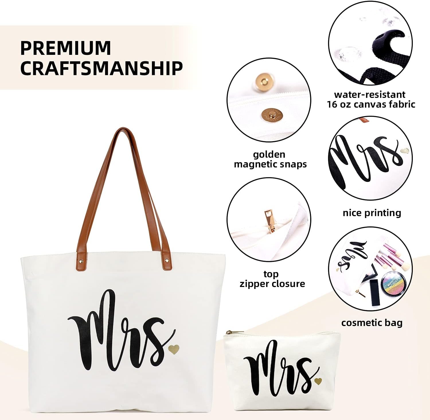 Wifey Tote Bag with Makeup Bag, Gifts for Engagement/Bridal Shower/Bachelorette/Wedding Party Canvas White