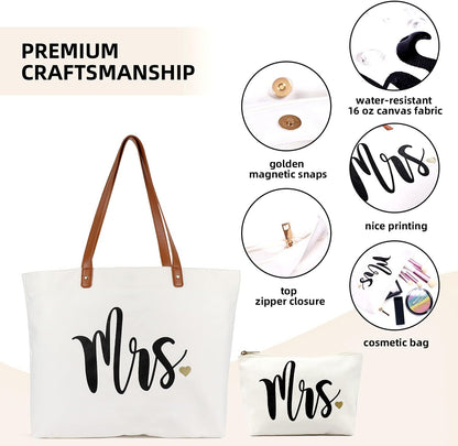 Wifey Tote Bag with Makeup Bag, Gifts for Engagement/Bridal Shower/Bachelorette/Wedding Party Canvas White