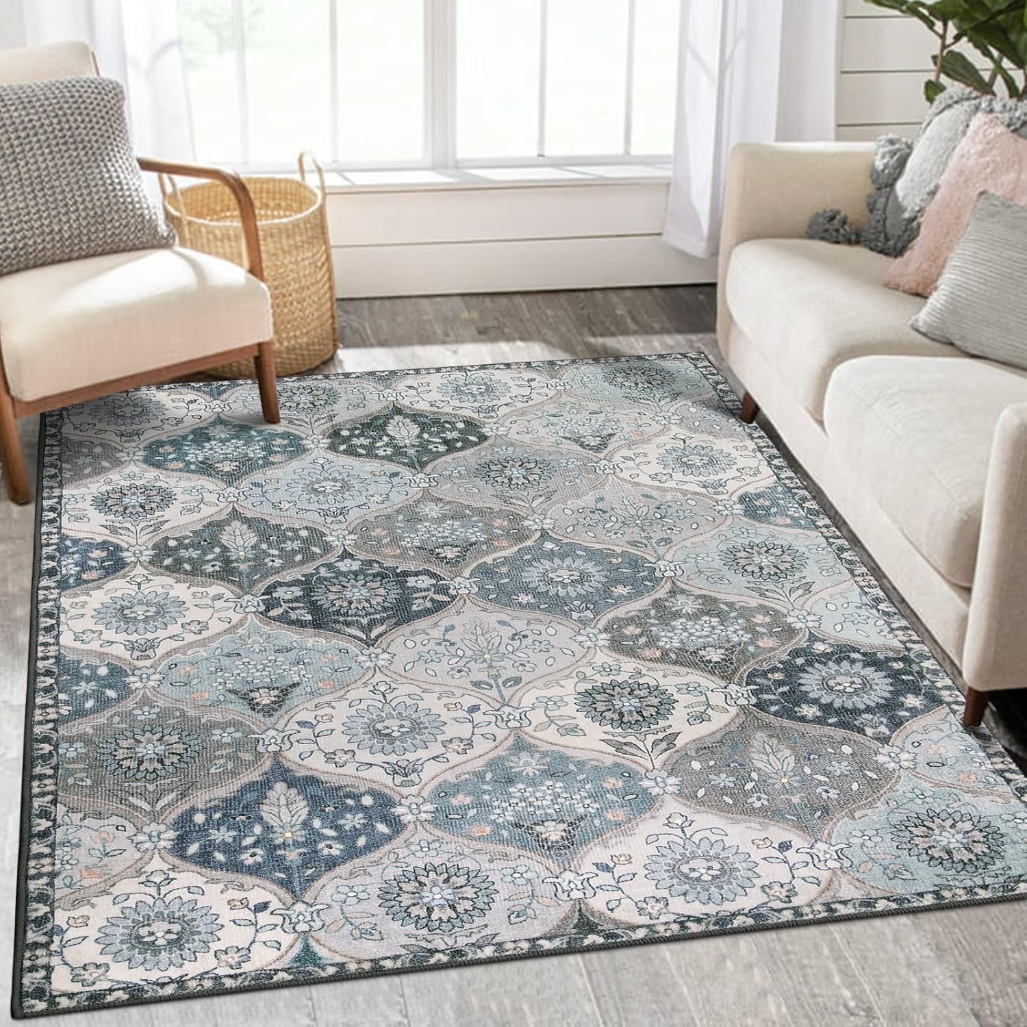 5'X7' Area Rug for Living Room Non-Slip Moroccan Indoor Washable Rug Ultra-Thin Foldable Soft Carpet Floral Accent Throw Rug for Kitchen Entryway Bathroom Bedroom Office Carpet,Grey