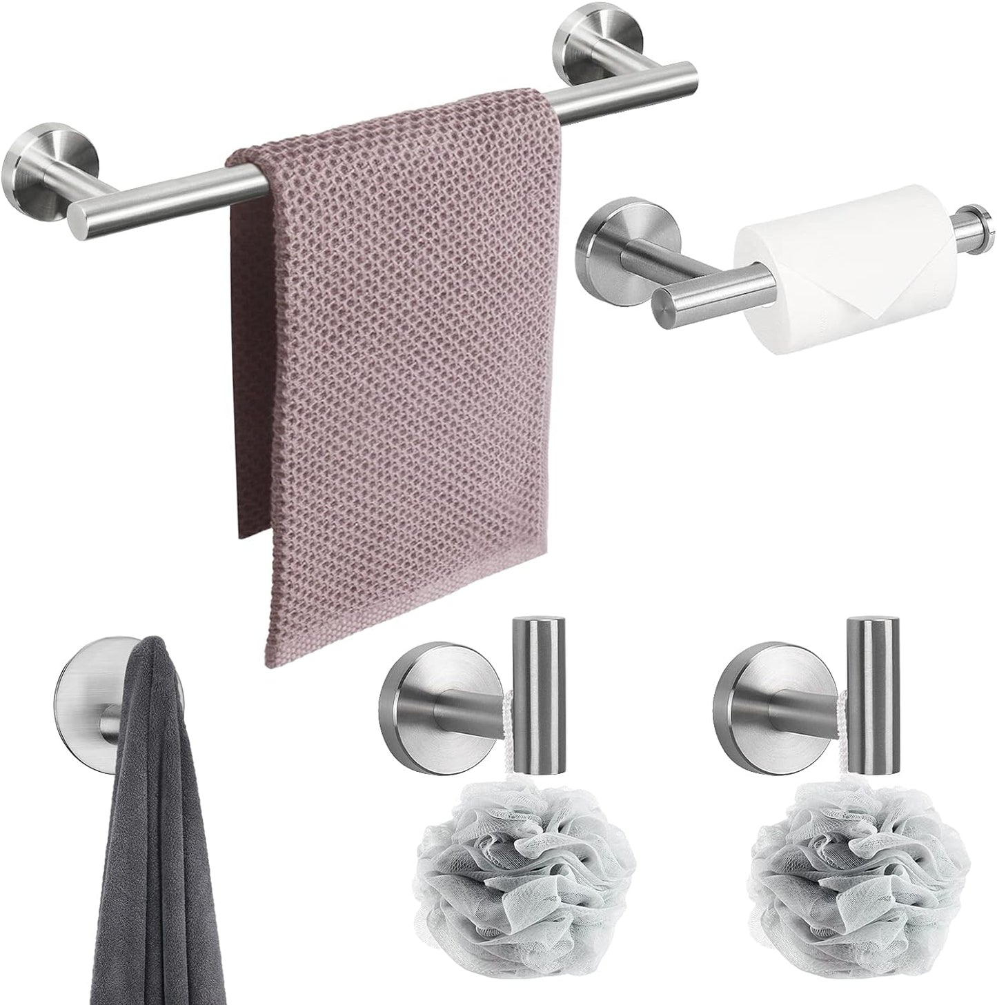5 Pcs Bathroom Hardware Set SUS 304 Thicken Stainless Steel-Towel Bar Set Include 16" Towel Rod+Toilet Paper Holder+3 Multifunctional Hooks Bathroom Accessories (Brushed Nickel)