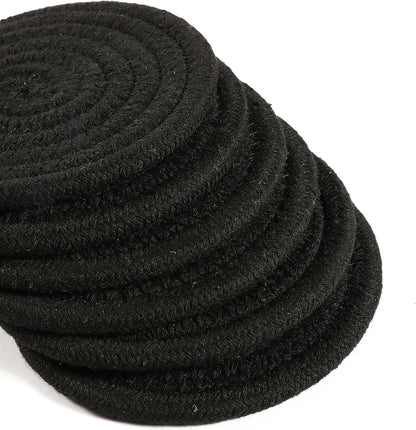 Set of 6 Black Coasters 4.3", Farmhouse Woven Coasters for Coffee Table, Absorbent Coasters for Drinks, Cute Aesthetic Boho Coasters, Rustic Desk Coasters, Moisture Absorbing Coasters